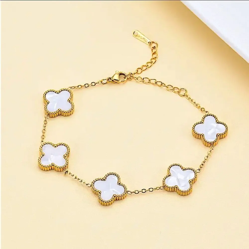 Gold Four Leaf Clover Bracelet Mother of Pearl Luxury - Picture 9 of 9